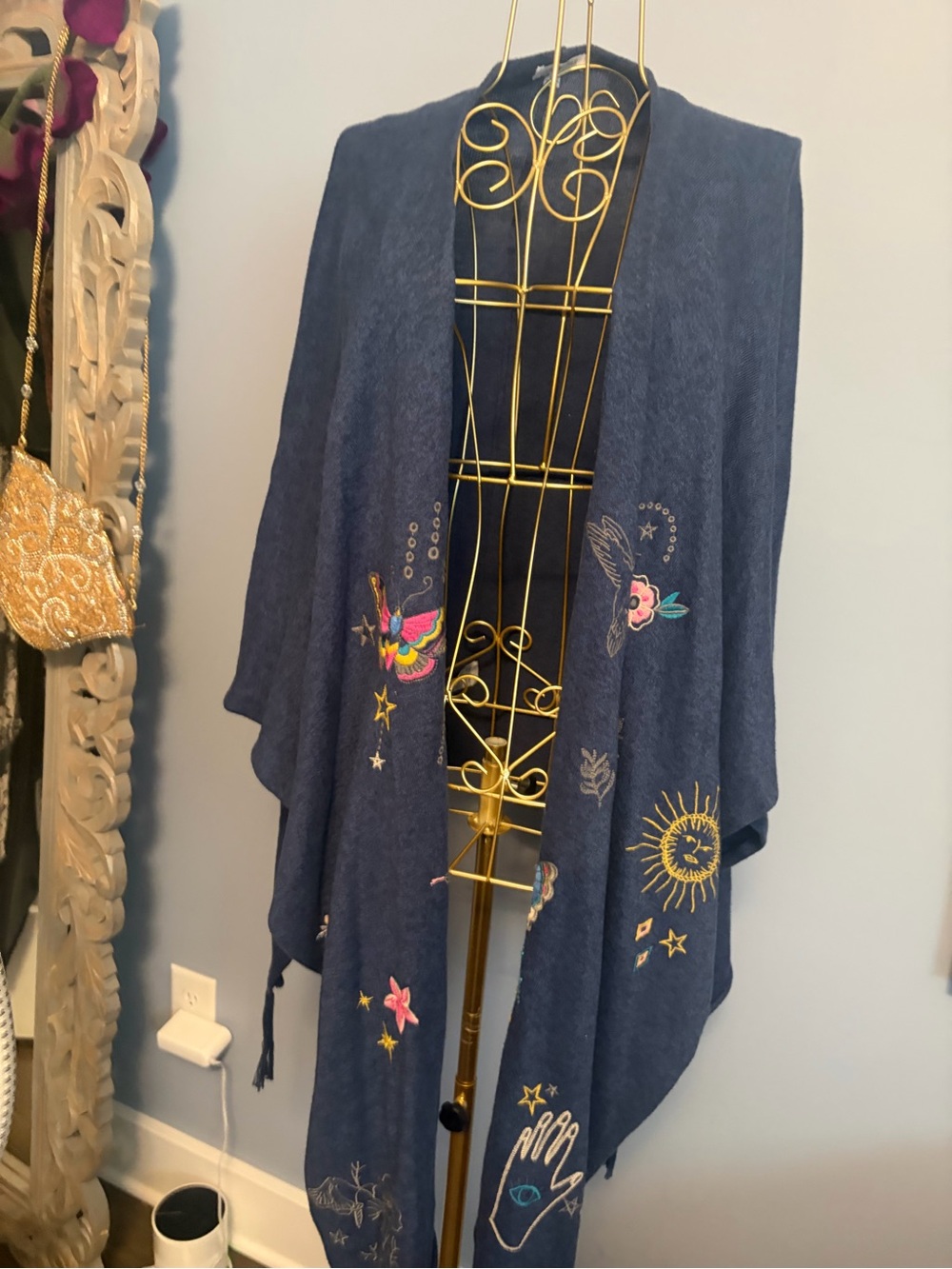 Johnny was Embroidered Navy Blue Wrap Shawl with Celestial Motifs